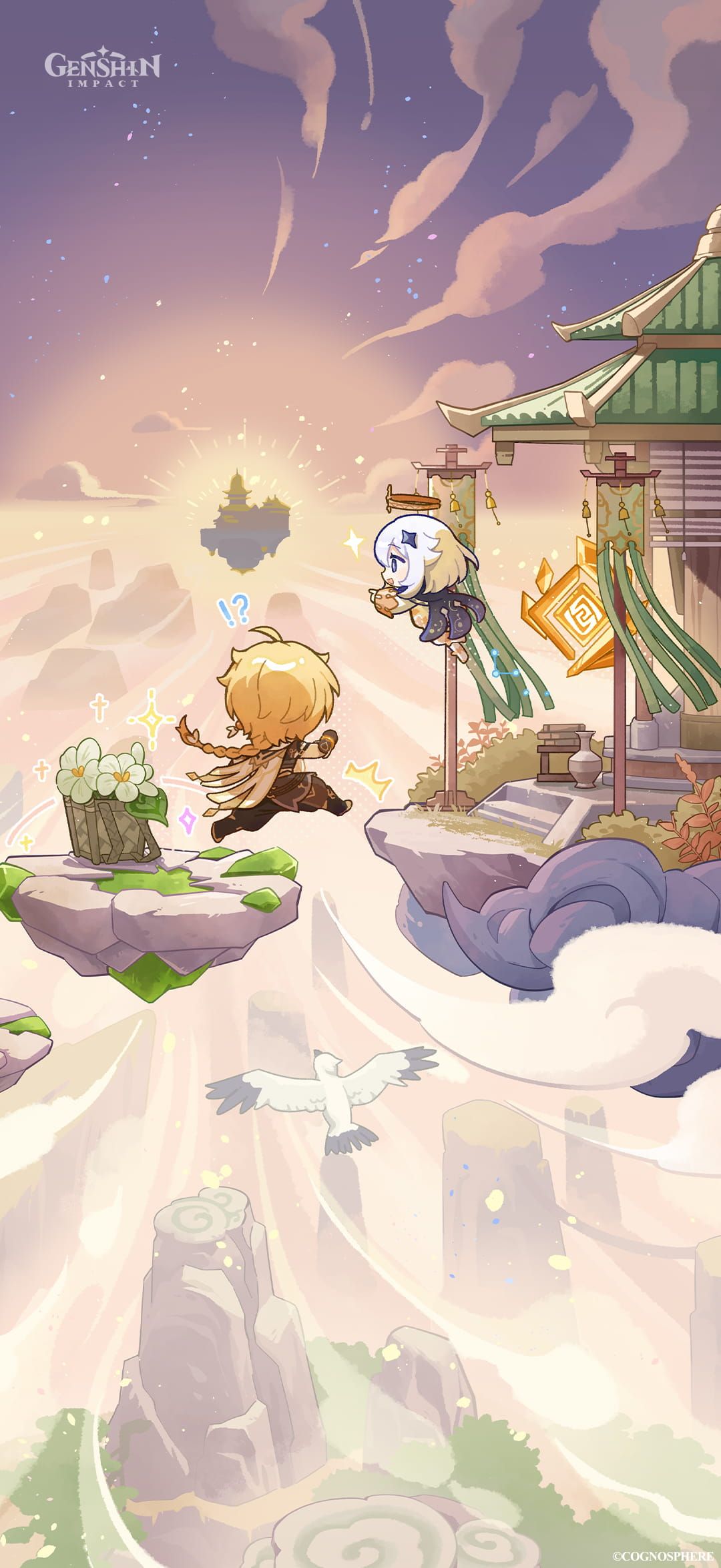 Ilustración oficial de Genshin Impact con el Viajero y Paimon entre las islas flotantes de Liyue.