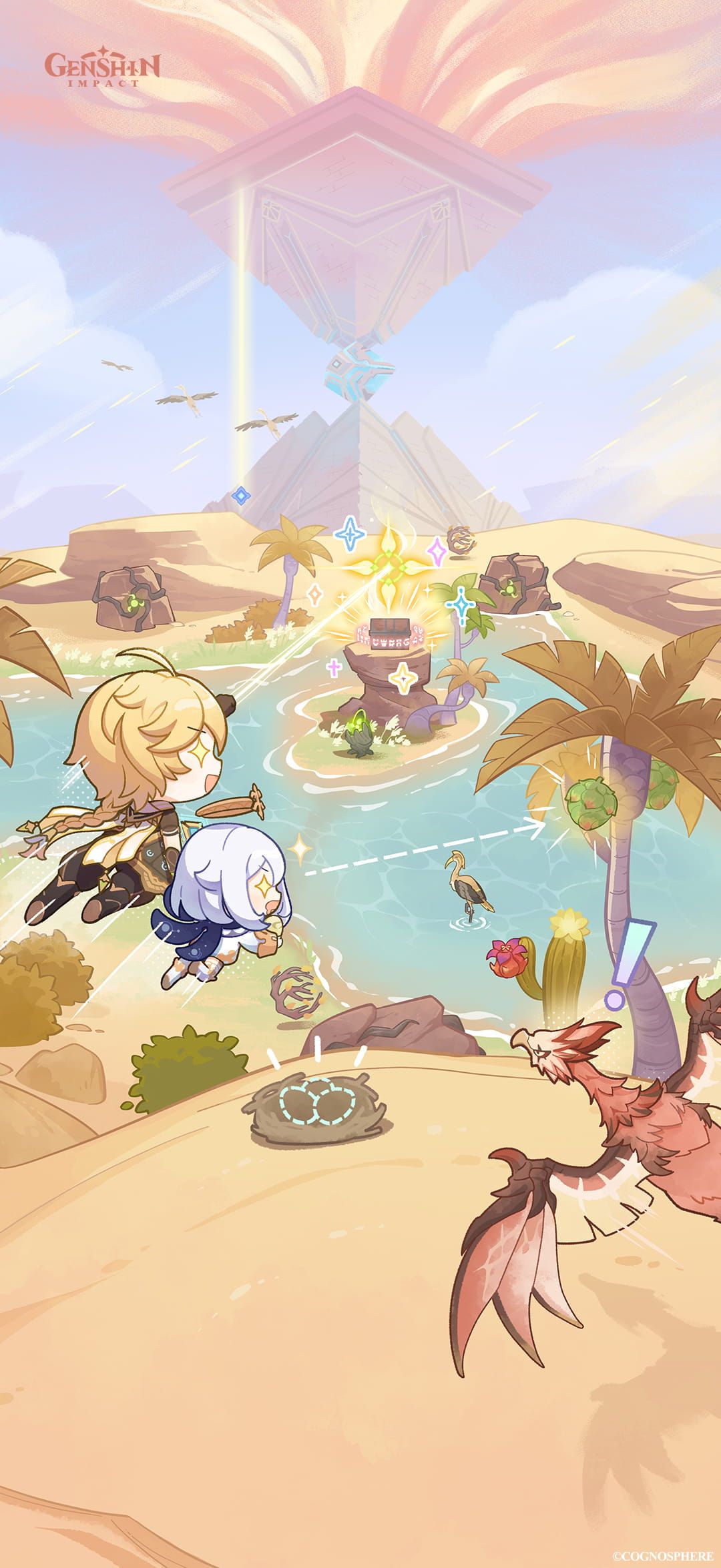 Ilustración oficial de Genshin Impact: el Viajero y Paimon siguen una ruta por las dunas de Sumeru.