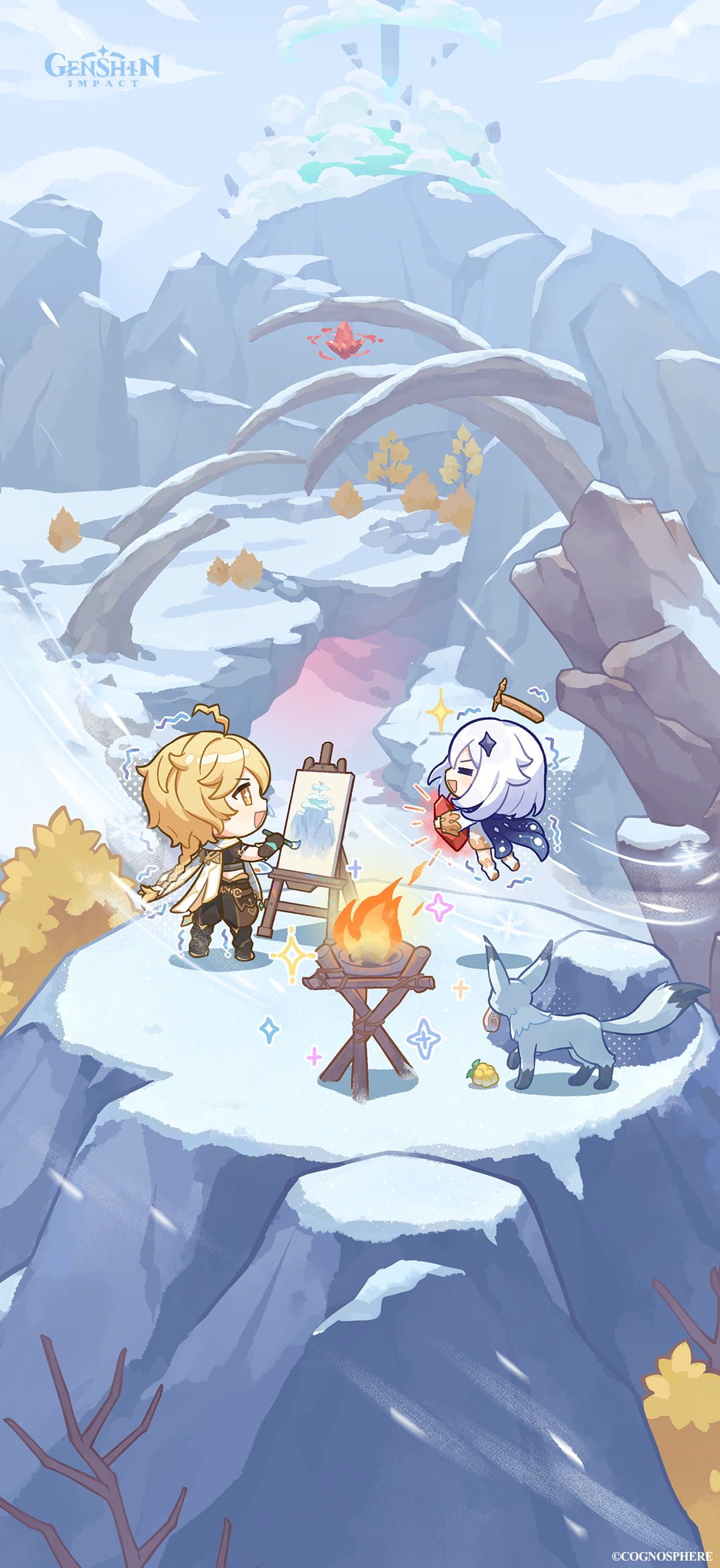 Ilustración oficial de Genshin Impact con el Viajero y Paimon en una zona nevada de Teyvat.