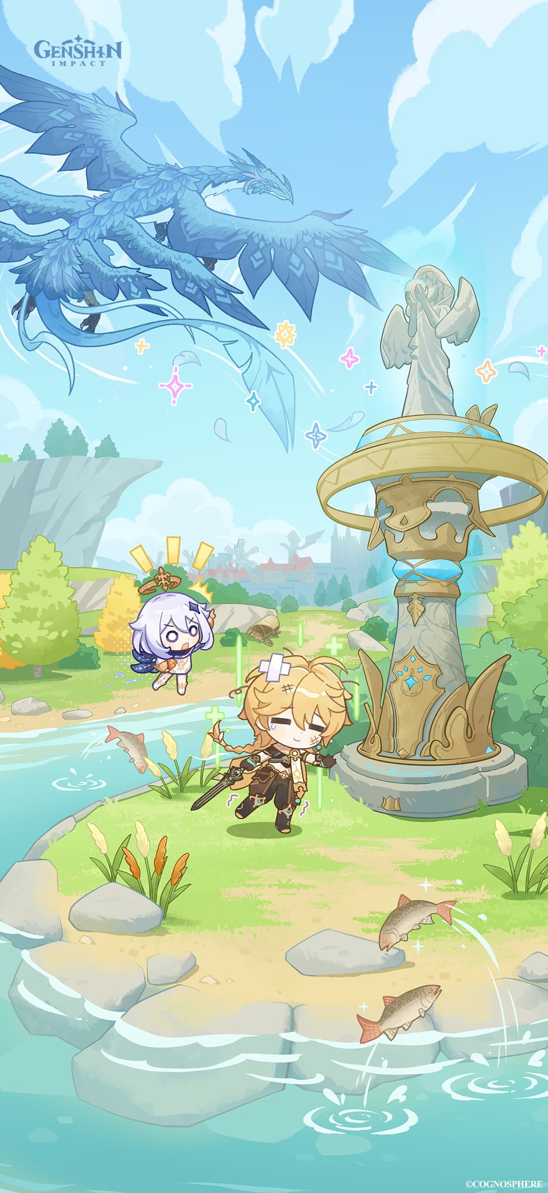 Ilustración oficial de Genshin Impact con el Viajero y Paimon ante el dragón Dvalin en Mondstadt.